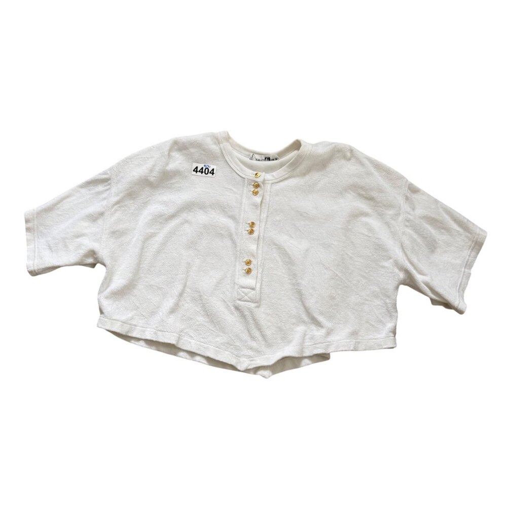 Sonia Rykiel Paris Women's Crop Top T-Shirt M White Henley French Terry Fuzzy